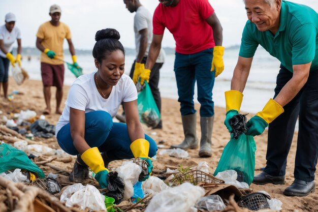 Coastal cleanup team collecting plastic waste