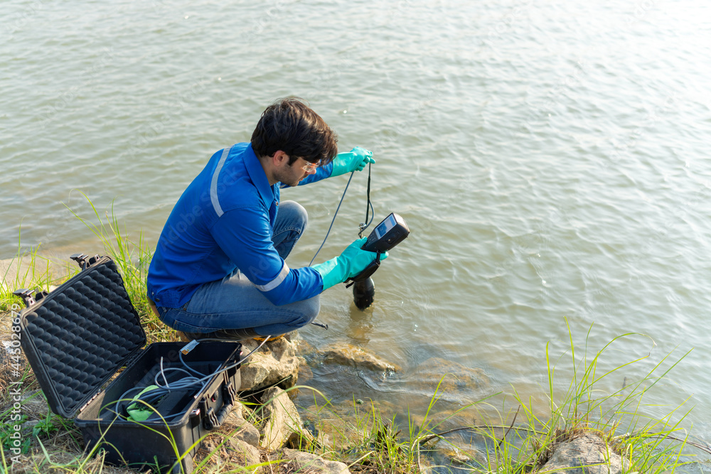 Water testing equipment near a river